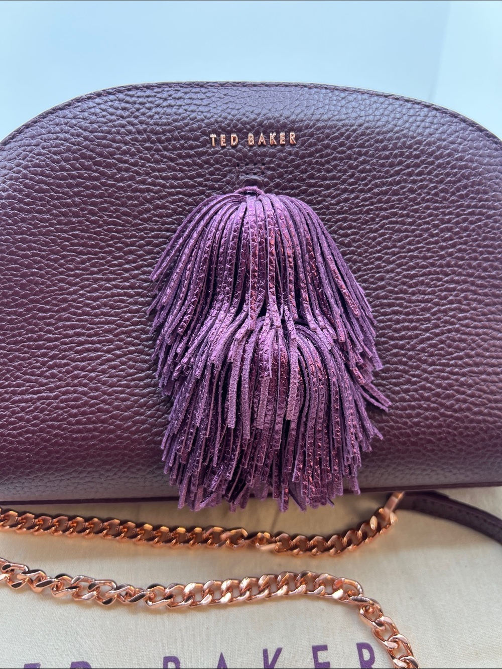 Ted Baker Plum Tassel Pebbled Leather Crossbody with Rose Gold Chain